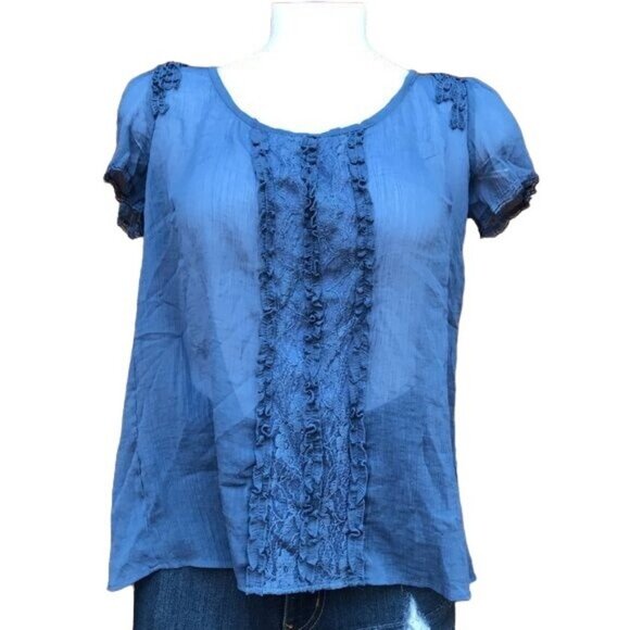 Willow & Clay Tops - Willow & Clay Ruffle Blue Sheer Blouse Cottage Top Shirt Size M